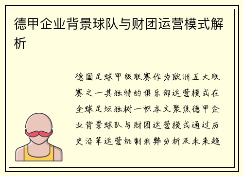 德甲企业背景球队与财团运营模式解析